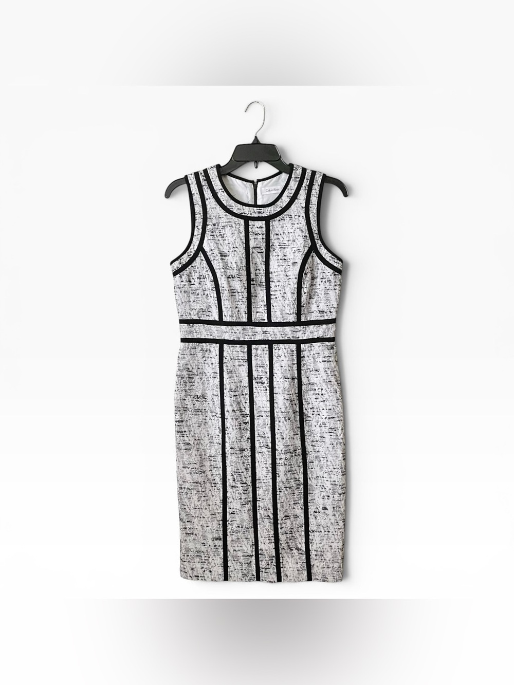 Calvin Klein Tweed Pencil Dress Womens Size 6 White Black Trim Sleeveless Sheath